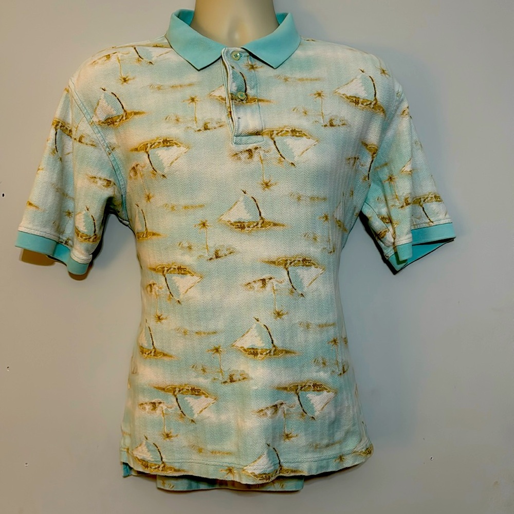 David cremeux size medium 100% cotton light blue white brown 2 button polo
